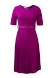 Purple Casual Print Fold O Neck Waist Skirt Dresses