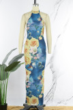 Blue Sexy Print Patchwork Backless Halter One Step Skirt Dresses