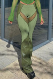 Green Sexy Street Solid Patchwork See-through Mid Waist Speaker Patchwork Bottoms