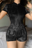 Red Casual Street Solid Patchwork Zipper Collar Skinny Rompers