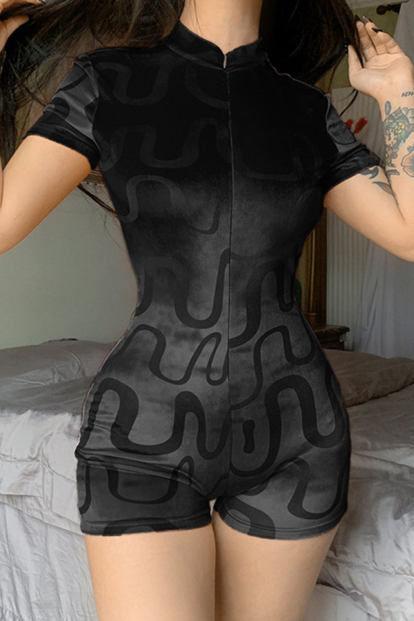 Black Casual Street Solid Patchwork Zipper Collar Skinny Rompers