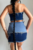 Blue Sexy Street Solid Make Old Patchwork Strapless Sleeveless Two Pieces