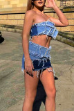 Blue Sexy Street Solid Make Old Patchwork Strapless Sleeveless Two Pieces