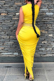 Yellow Sexy Solid Patchwork Fold O Neck Pencil Skirt Dresses