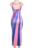 Purple Casual Print Backless O Neck Long Dress Dresses