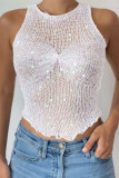 White Sexy Solid Hollowed Out Sequins Patchwork O Neck Tops