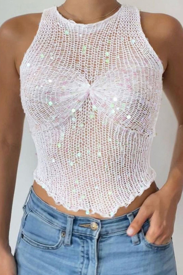 White Sexy Solid Hollowed Out Sequins Patchwork O Neck Tops