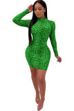 Green Milk. Europe and America Cap Sleeve Long Sleeves O neck Pencil Dress skirt Print Patchwork 