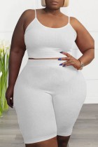 White Sexy Casual Solid Backless Spaghetti Strap Plus Size Two Pieces