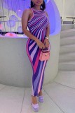 Purple Casual Print Backless O Neck Long Dress Dresses