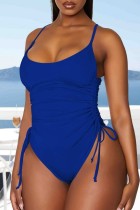 Blue Sexy Solid Leopard Draw String Frenulum Backless Swimwears (With Paddings)