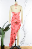 Red Sexy Print Patchwork Stringy Selvedge Halter One Step Skirt Dresses