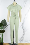 Red Casual Solid Bandage Patchwork Buckle Flounce Turndown Collar Short Sleeve Two Pieces