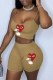 Khaki Street Print Patchwork Spaghetti Strap Sleeveless Two Pieces