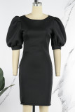 Black Casual Elegant Solid Patchwork O Neck One Step Skirt Dresses