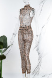 Black Sexy Print Patchwork See-through Backless Half A Turtleneck Sleeveless Two Pieces