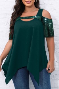 Ink Green Casual Solid Hollowed Out Patchwork O Neck Plus Size Tops
