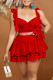 Red Sexy Solid Bandage Patchwork Flounce Square Collar Sleeveless Two Pieces