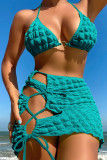 Peacock Blue Sexy Solid Bandage Patchwork 3 Piece Sets