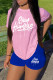 Powder Blue Casual Letter Print Basic O Neck Short Sleeve Two Pieces