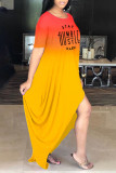 Yellow Casual Gradual Change Print Patchwork Asymmetrical O Neck Irregular Dress Dresses