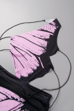 Purple Sexy Print Bandage Patchwork Backless Asymmetrical Oblique Collar Dresses