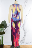 Colour Sexy Print Patchwork O Neck Pencil Skirt Dresses