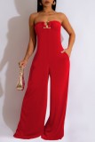Red Sexy Casual Solid Backless Strapless Regular Jumpsuits