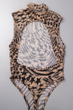 Black Sexy Print Patchwork See-through Backless Half A Turtleneck Sleeveless Two Pieces