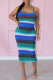 Colorful Blue Sexy Casual Print Backless Spaghetti Strap Sleeveless Dress Dresses