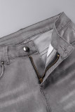 Dark Blue Street Solid Patchwork Fold High Waist Denim Shorts