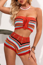 Red Sexy Bandage Hollowed Out Patchwork Swimwears