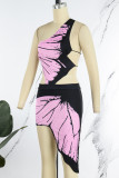 Purple Sexy Print Bandage Patchwork Backless Asymmetrical Oblique Collar Dresses