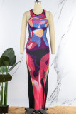 Colour Sexy Print Patchwork O Neck Pencil Skirt Dresses