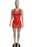 Red Casual Print Patchwork U Neck Pencil Skirt Dresses