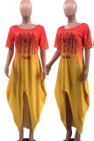 Yellow Casual Gradual Change Print Patchwork Asymmetrical O Neck Irregular Dress Dresses