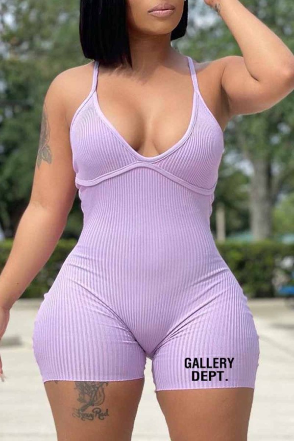 Purple Street Print Letter V Neck Rompers