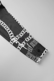 Black Casual Print Patchwork Buckle Turndown Collar Tops