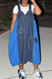 Blue Casual Street Solid Patchwork Buckle Loose Denim Dresses
