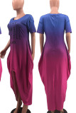 Yellow Casual Gradual Change Print Patchwork Asymmetrical O Neck Irregular Dress Dresses