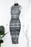 Black Sexy Print Patchwork See-through O Neck Sleeveless Two Pieces
