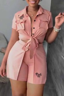 Pink Casual Print Letter Turndown Collar Short Sleeve Two Pieces