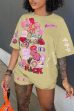 Khaki Casual Print Patchwork O Neck Short Sleeve Two Pieces