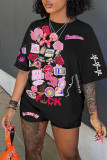 Black Casual Print Patchwork O Neck Short Sleeve Two Pieces