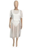 Blue Sexy Casual Solid See-through O Neck Short Sleeve Three-piece Set