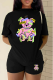 Black Casual Print Patchwork O Neck Short Sleeve Two Pieces