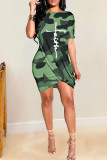 Yellow Casual Camouflage Print Patchwork O Neck Short Sleeve Dress