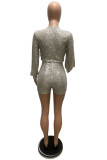 Champagne Fashion Casual Solid Sequins O Neck Rompers