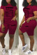 Burgundy Casual Print Patchwork O Neck Short Sleeve Two Pieces
