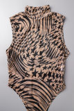 Black Sexy Print Patchwork See-through Backless Half A Turtleneck Sleeveless Two Pieces